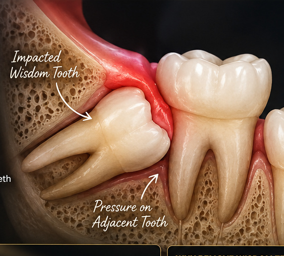 Illustrative impacted wisdom tooth and adjacent molar relationship