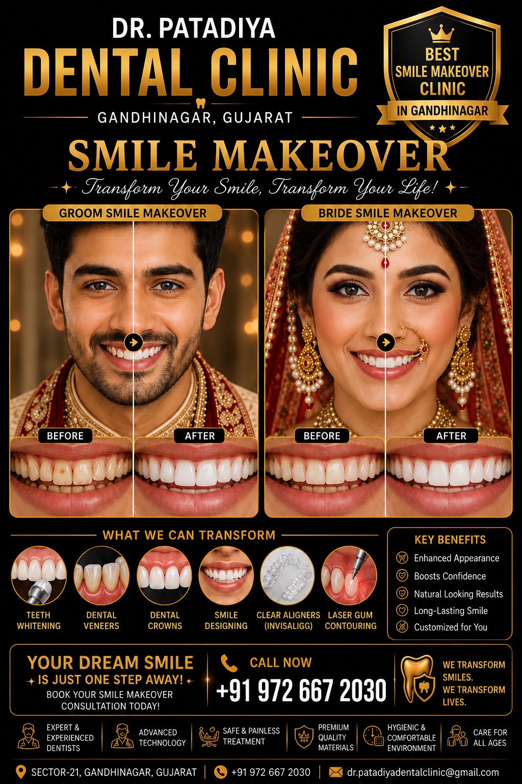 Smile Makeover promotional and educational poster with bride and groom before and after