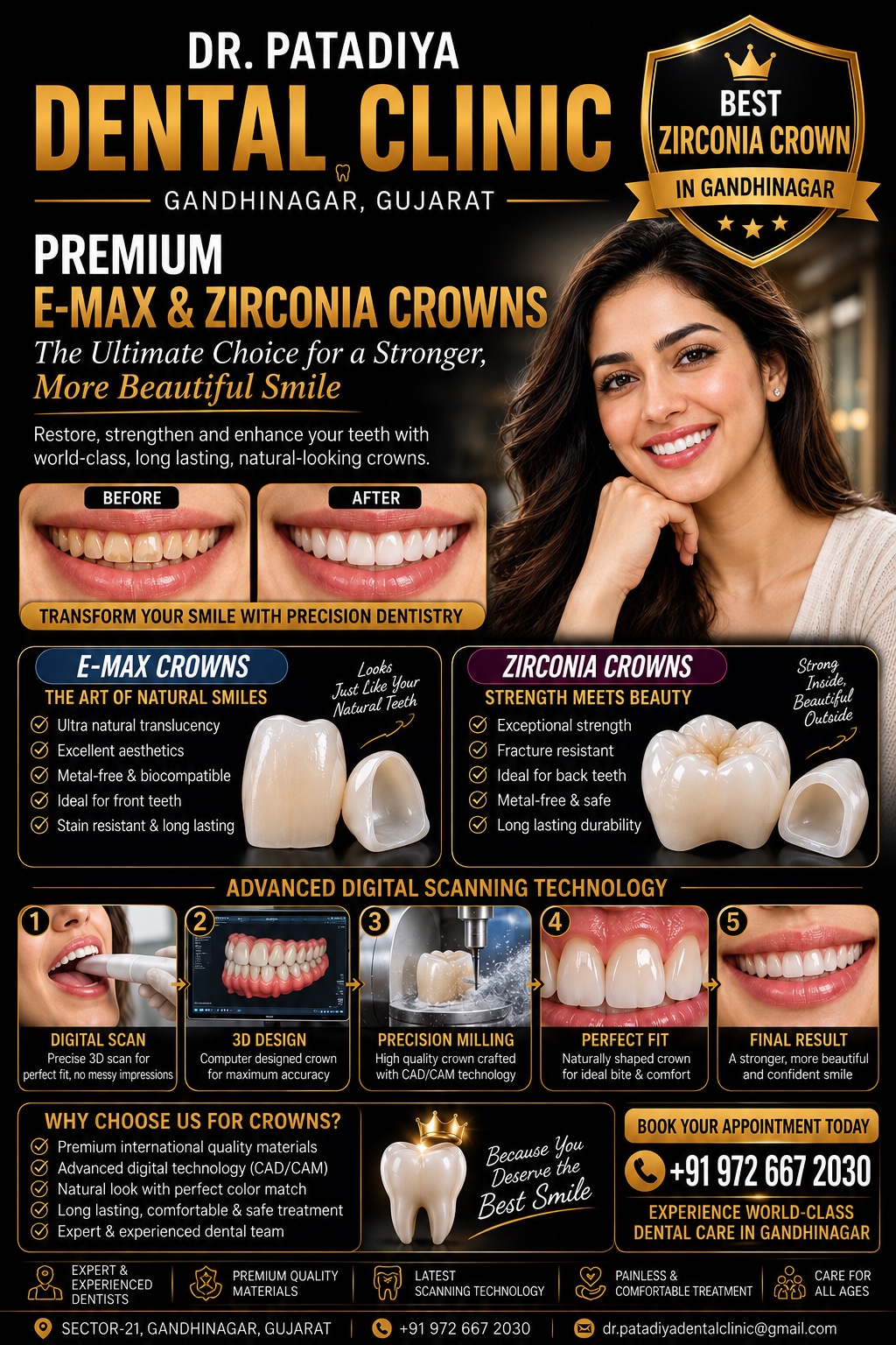 Premium E-MAX and Zirconia Crowns comparison and digital scanning poster – Dr. Patadiya Dental Clinic Gandhinagar