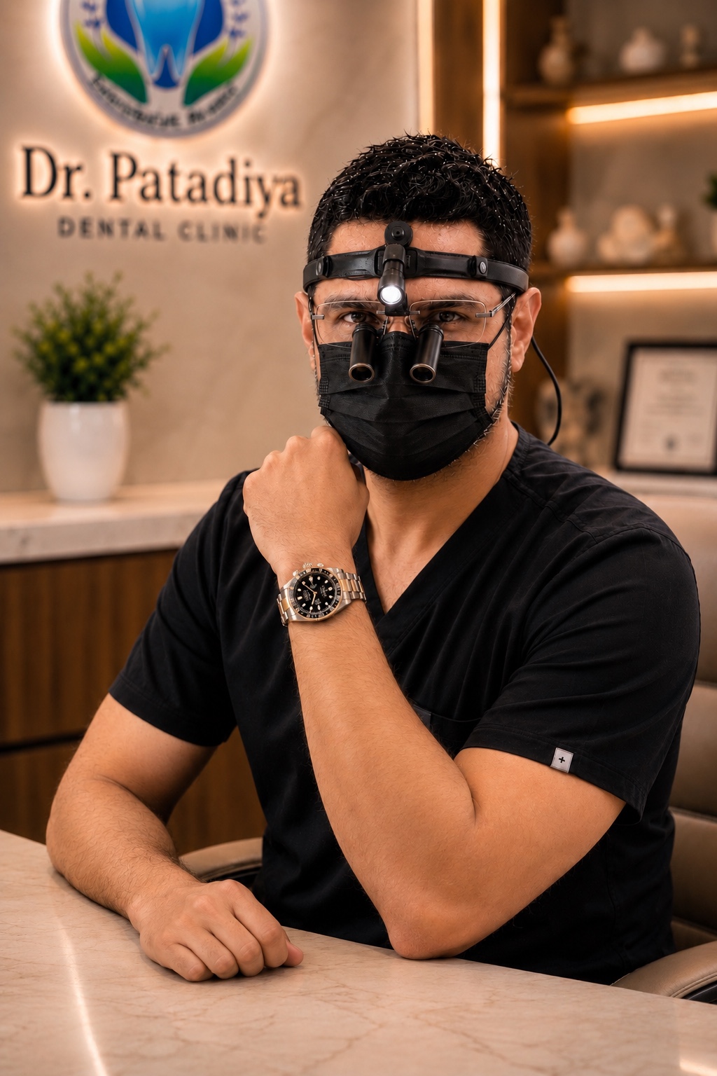 Dr. M. M. Patadiya in black scrubs at Dr. Patadiya Dental Clinic