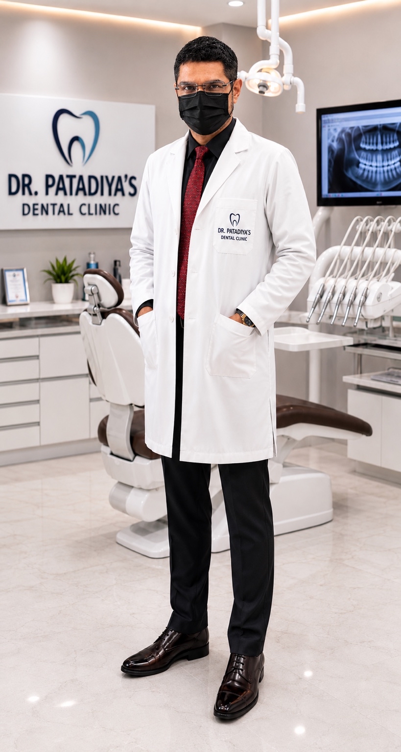 Dr. M. M. Patadiya wearing a black mask and white coat at Dr. Patadiya Dental Clinic Gandhinagar