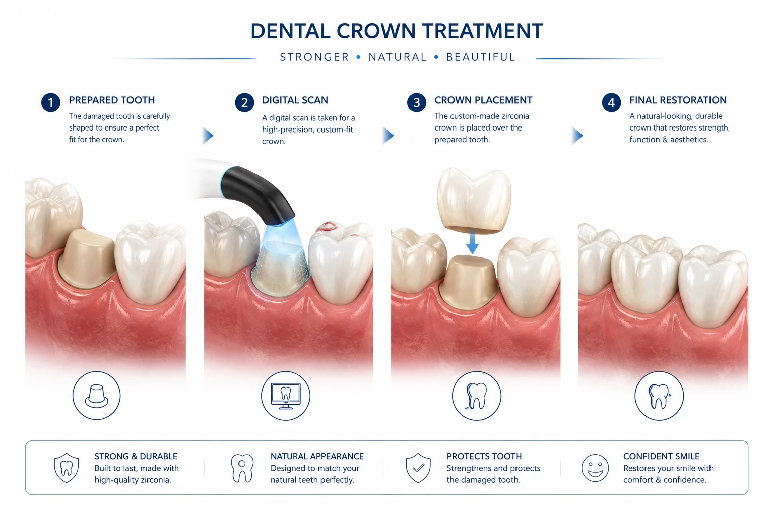 Four-step educational illustration showing prepared tooth, digital scan, crown placement and final crown restoration