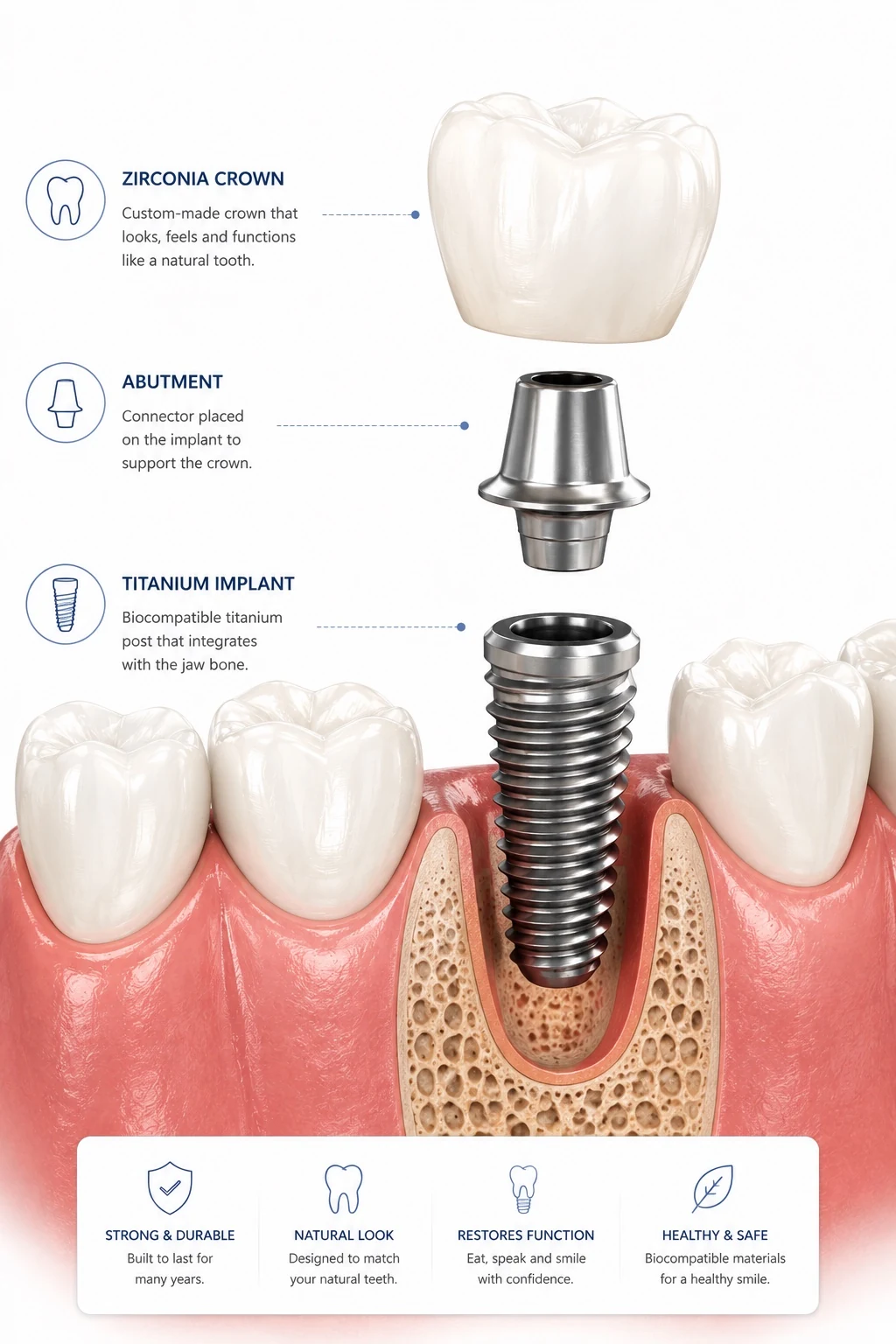 Dental implant components and implant-supported restoration educational illustration