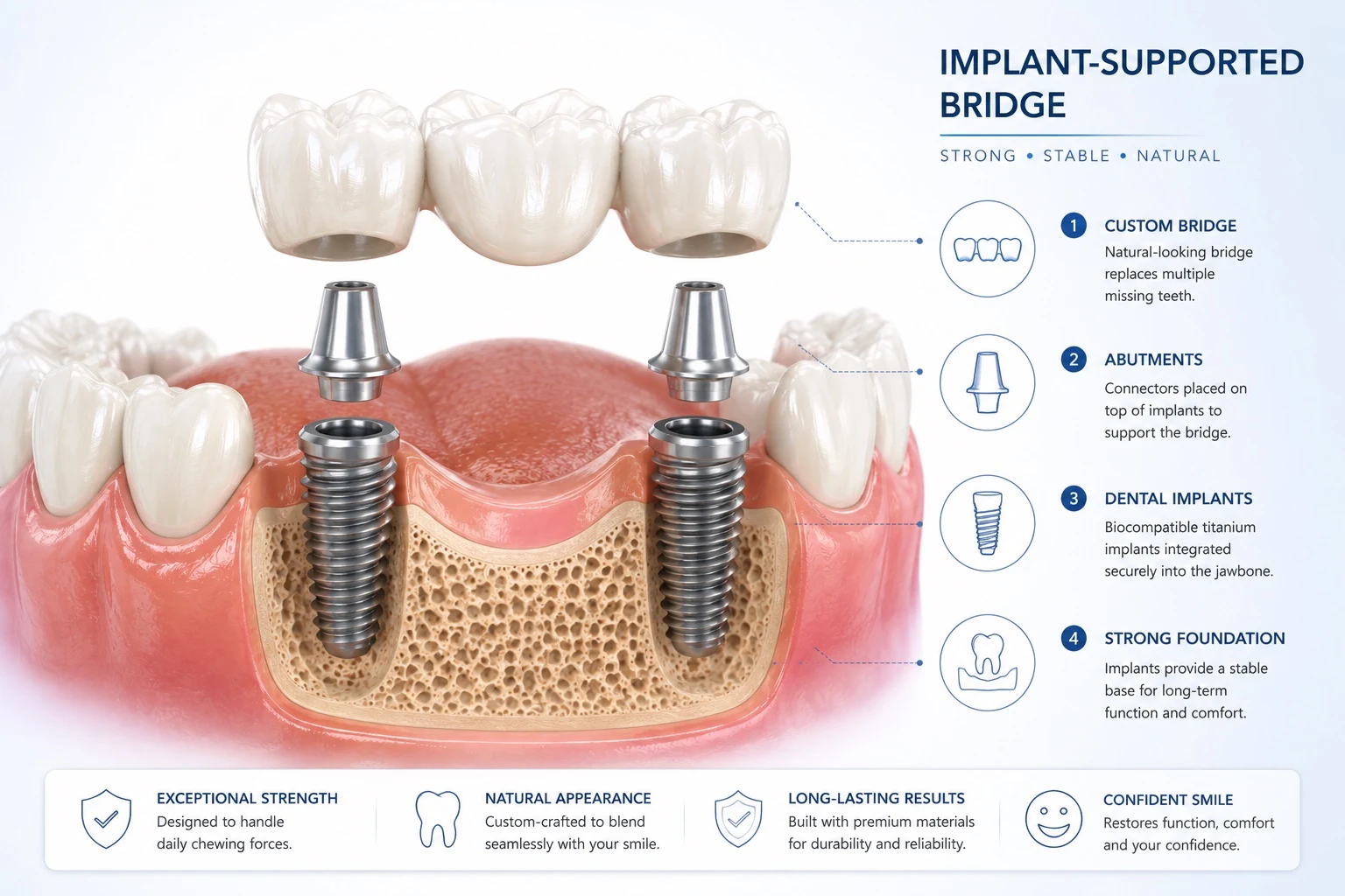 Educational cutaway illustration of a three-unit bridge supported by two dental implants